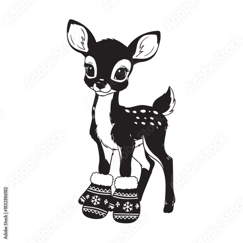 Whimsical cartoon fawn wearing oversized boots in a playful illustration.