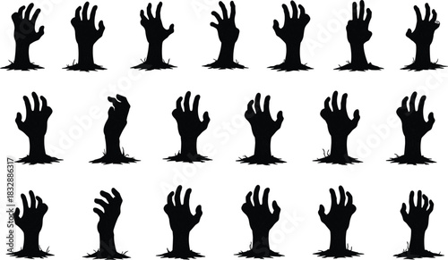 Black silhouette zombie hands emerging from ground against white background vector