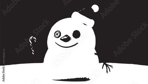 Playful cartoon white blob character emerging from a dark background with a cheerful smile.