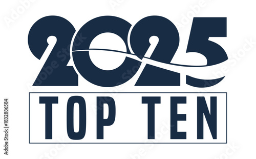 Modern “top ten” typography logo in bold navy blue with dynamic swoosh line, isolated on white background, ideal for New Year events, business presentations, and futuristic branding designs.