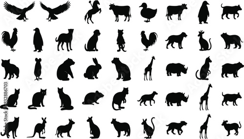 Collection of black animal silhouettes on white background eagle hawk