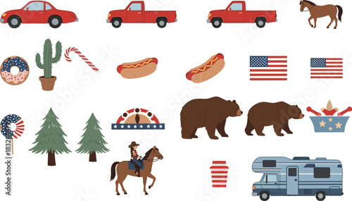 Collection of American themed objects and animals including cars bears and a cowboy on horseback