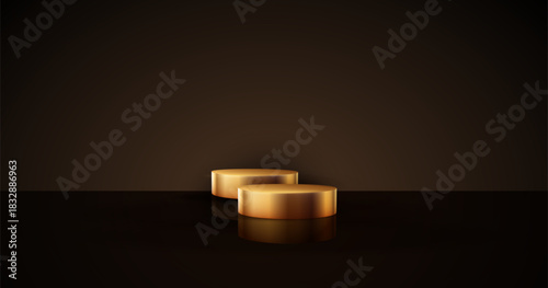 Gold cylinder podium. Golden Luxury Podium in the Dark Room for mockup products, promotion display. Black Studio Scene Background. Vector illustration