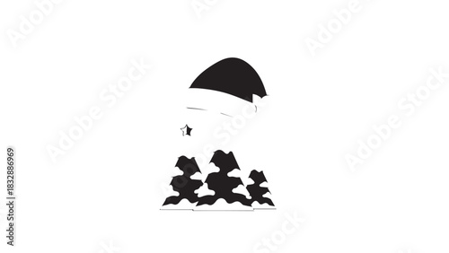 Silhouette of penguins marching in a snowy scene beneath a curved moon.