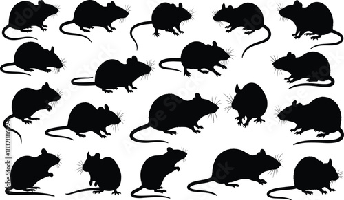 Collection of Black Mouse Silhouettes in Various Poses on White Background mice rodent