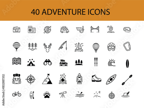 Collection of 40 adventure and outdoor activity icons camera passport