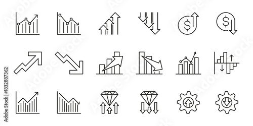 Set of Growth Outline Vector Icon. Collection of minimalist line art financial and business charts and graphs icons. Collection of clean line graphics representing data analysis financial trends.