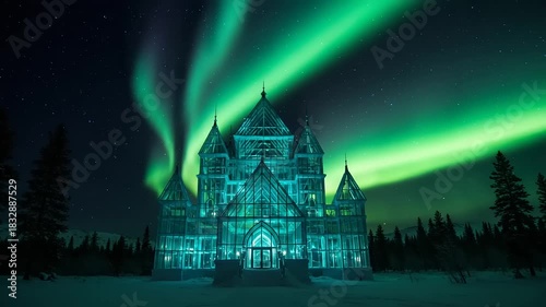 Illuminated Glass Castle Under Northern Lights at Night
