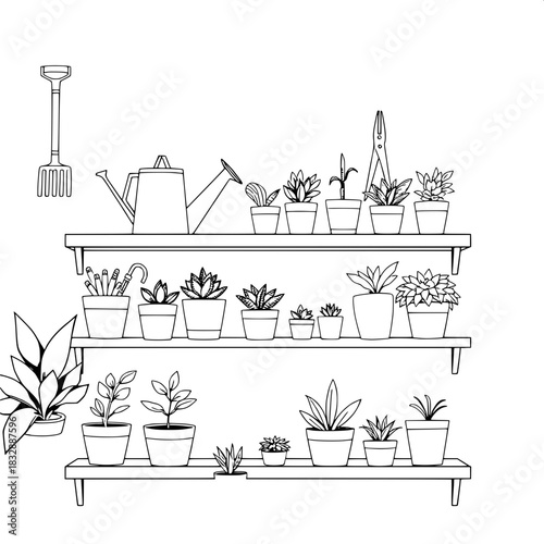 Aesthetic monochromatic drawing of household shelves with neatly arranged practical gardening tools including a watering can, pruning shears, and gloves, accompanied by an assortment of potted plants 