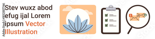 Business management, workflow optimization, communication systems, mindfulness, organization, corporate tools. Lotus symbol, checklist and magnifying glass with email icons. Business management