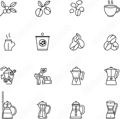 Coffee line icon set. Beans bag, roasting, turkish cezve, drip pods, percolator, chorreador, filters, capsules, espresso vector illustrations.
