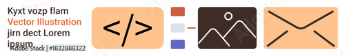 Digital communication, coding, web design, emails, user interface elements, multimedia. Set of icons coding brackets, image placeholders and an email envelope. Coding and web design concept