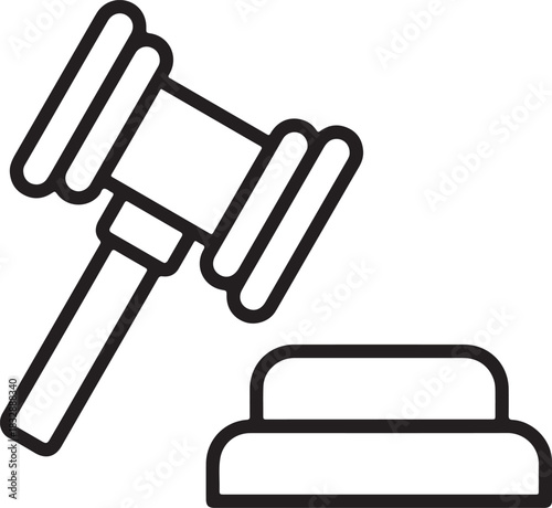 A bold black outline silhouette of a judge s gavel poised to strike a sounding block isolated on transparent background
