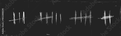 Prison count. Scribble. Collection of  white Prison count on the worn blackboard . Chalk White Tally Marks for Counting on a Dark Surface