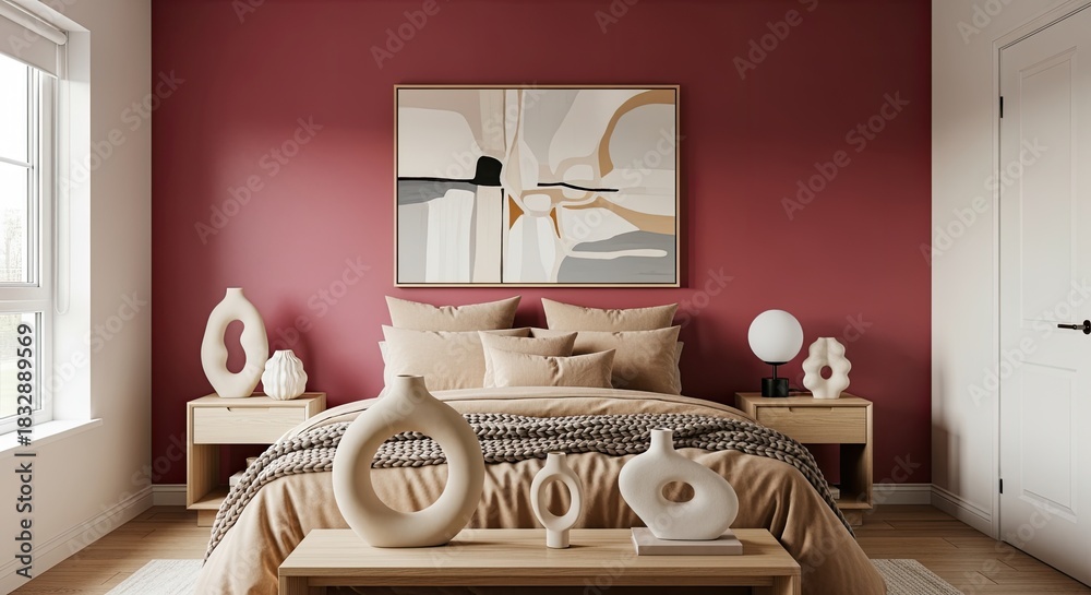 Obraz premium A modern bedroom with a red accent wall. The room features a large bed with beige bedding, wooden nightstands, and decorative vases on a coffee table.
