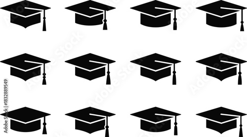 Twelve black graduation caps with tassels arranged in three rows mortarboard academic cap