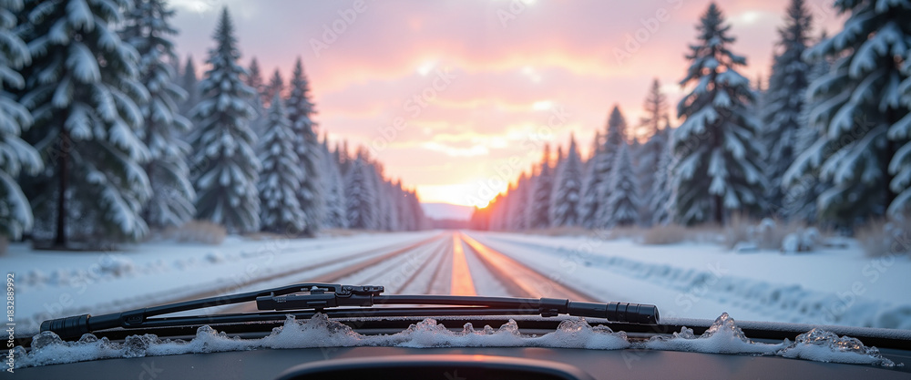 Naklejka premium View from car dashboard with winter road with snow-covered trees and sunset in the background 