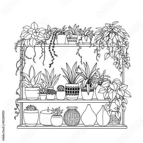 Stylized line art of an interior plant display shelf featuring a variety of succulents with plump leaves, trailing vines with delicate tendrils, and lush leafy plants with intricate details, accompani