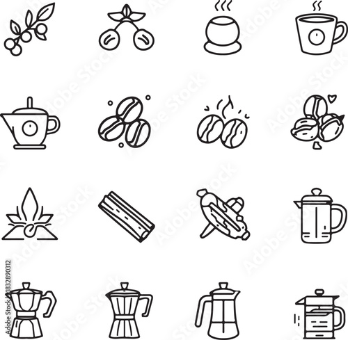Coffee icon set. Containing latte, coffee bean, cappuccino, espresso, coffee shop, sugar and caffeine

