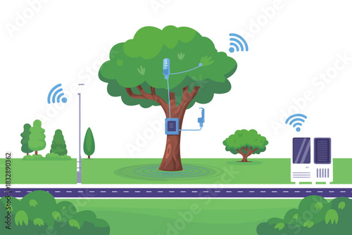 Illustration of a tree with sensors and wifi signals in a park environment