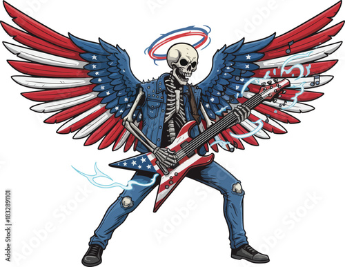 Patriotic skeleton rocker with wings plays electric guitar celebrating freedom and liberty in red white and blue