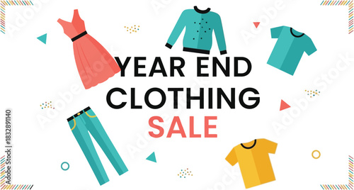 Year end clothing sale with dress, sweater, and tshirts on display