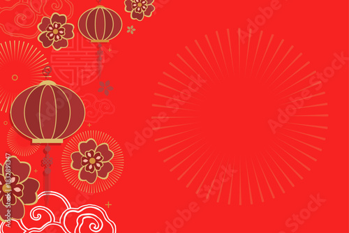 Vibrant red background with hanging lanterns and floral patterns — ideal for Lunar New Year marketing visuals.