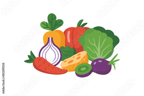 Illustration of a colorful assortment of fruits vegetables and cheese slice