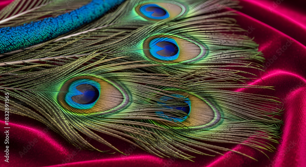Obraz premium Elegant Peacock Feathers on Luxurious Pink Velvet Fabric Background