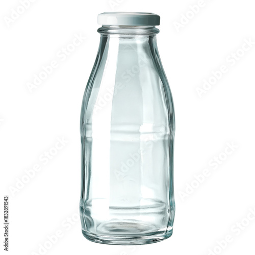 Clear Glass Bottle With Metal Cap on White Background for Kitchen or Beverage...