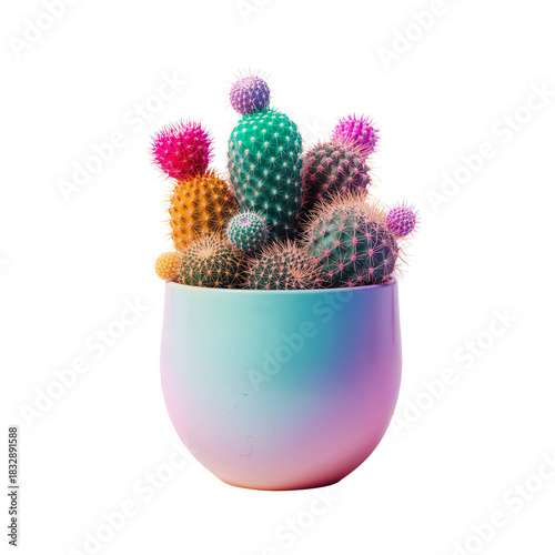 Colorful Cacti Arrangement in a Minimalist Pot During Bright Daylight