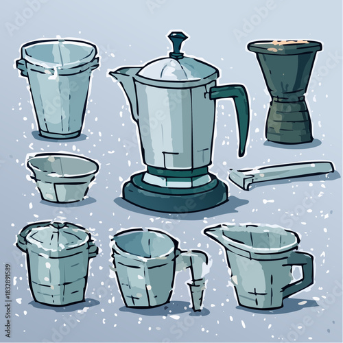 Collection of illustrated kitchen tools and appliances in a cool color palette