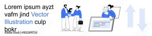 Business, teamwork, collaboration, data sharing, technology, partnerships. Two individuals discussing documents and technology. Business and teamwork concepts visually