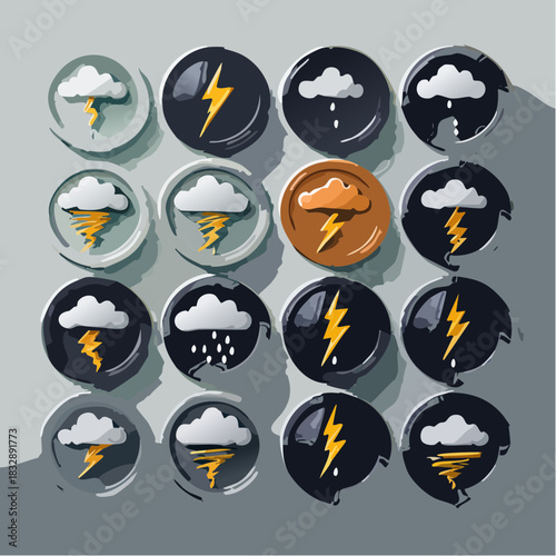 Collection of Weather Icons Showing Thunderstorms and Rain in Various Styles