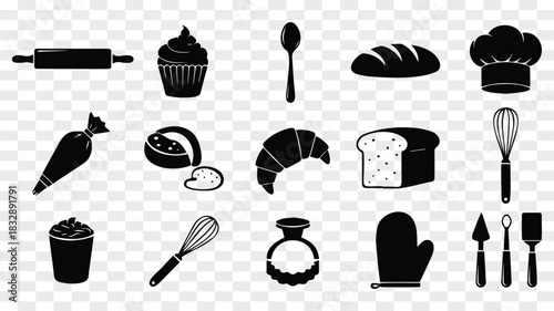 Collection of Bakery Items and Cooking Utensils in Black Silhouette Style