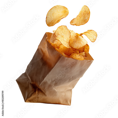 Crispy Potato Chips Spilling From a Paper Bag in a Bright Setting