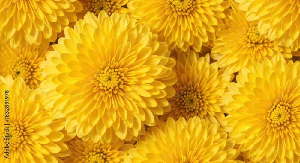 Fototapeta premium Golden yellow chrysanthemum blossoms forming a floral pattern with vibrant petals creating a bright cheerful botanical background