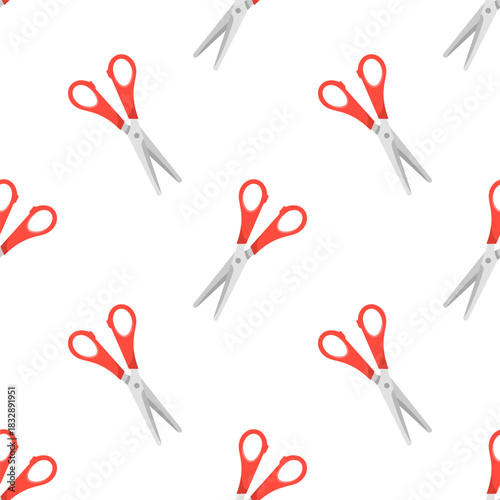 School scissors open, red handled scissors seamless pattern. Vector isolated on white. Sewing concept. Cartoon style, flat design. Professional hairdressing scissors. Paper kids scissors