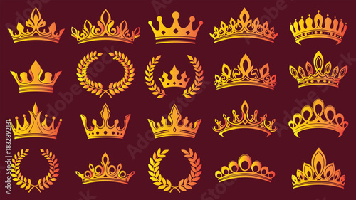 Collection of golden crowns and laurel wreaths vector illustrations set
