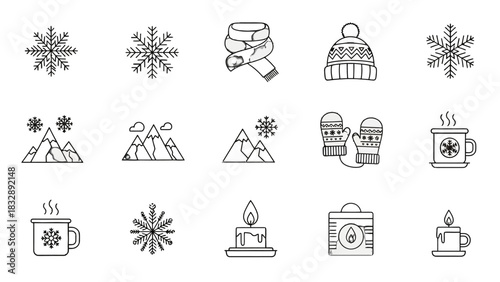A collection of winter-themed line art icons, perfect for seasonal designs and illustrations.