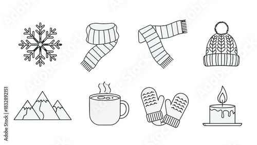 Winter icons set: snowflake, scarves, hat, mountains, hot drink, mittens, and candle in outline style.