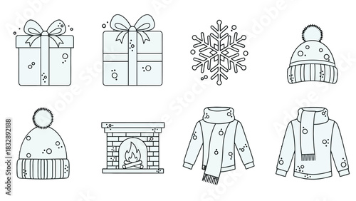 Collection of winter-themed illustrations, including gifts, snowflakes, hats, fireplace, and coats.
