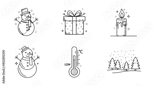 A collection of six black and white line art icons representing winter and Christmas themes like a snowman, gift, candle, and snowy landscape.
