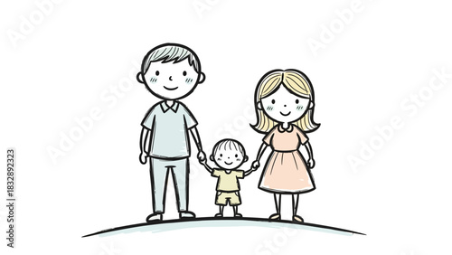 A simple cartoon illustration of a happy family with a father, mother, and their young child holding hands, standing together.