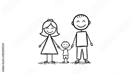 Simple illustration depicting a happy family of three, holding hands and smiling.
