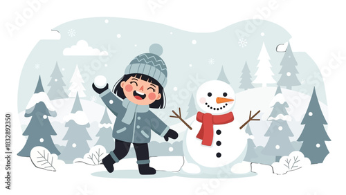 A happy little girl in winter clothes playing with a snowman in a snowy forest landscape.
