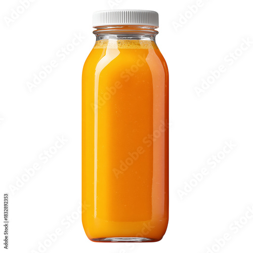 Fresh Orange Juice in a Clear Glass Bottle on a Bright Surface