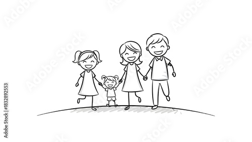 A happy stick-figure family of four, including parents and two daughters, holding hands and smiling joyfully while standing on a grassy hill.