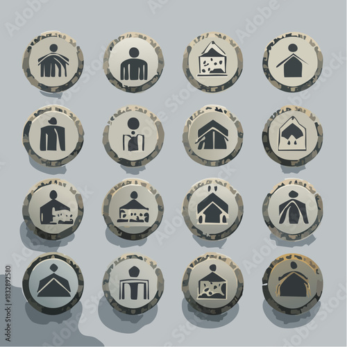 A collection of rustic, stone-textured icons depicting primitive symbols of people, home, and community life