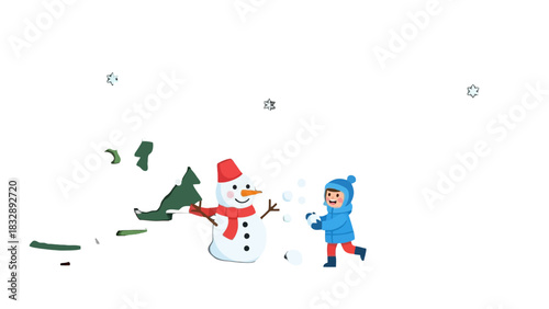 A child in a blue winter coat and hat throws snowballs at a snowman.